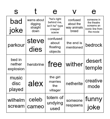 minecraft movie Bingo Card