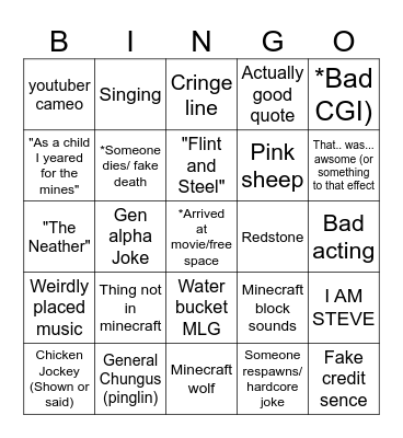 MINECRAFT MOVIE BINGO Card