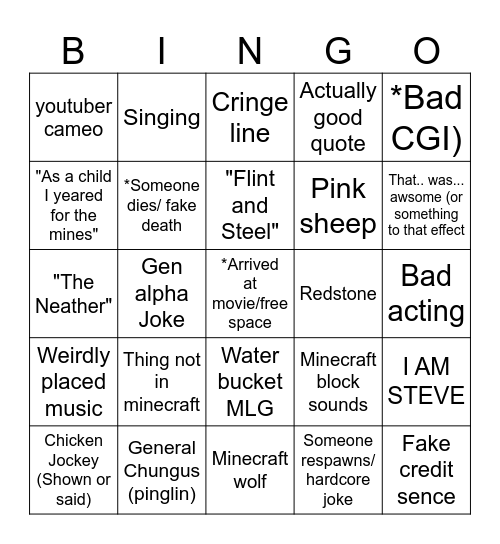 MINECRAFT MOVIE BINGO Card