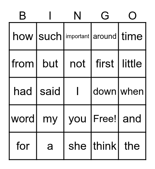 Sight Word Bingo Card