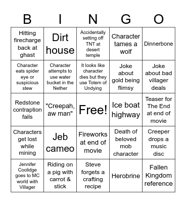 Minecraft Movie Bingo Card