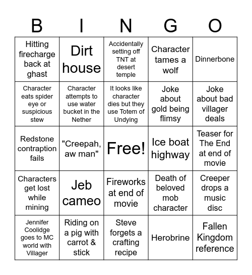 Minecraft Movie Bingo Card