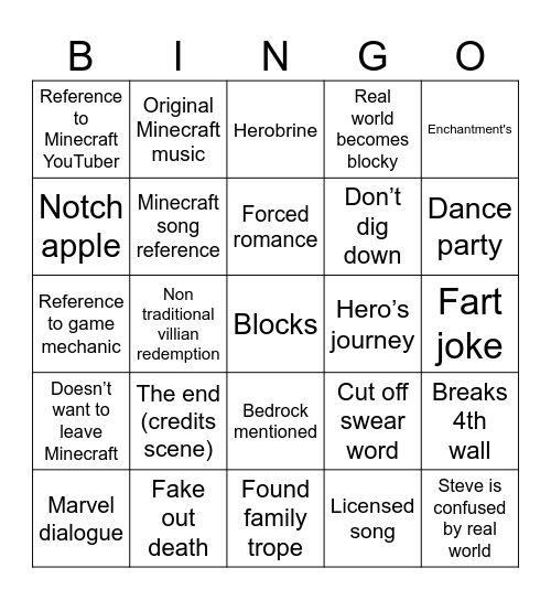Minecraft movie Bingo Card