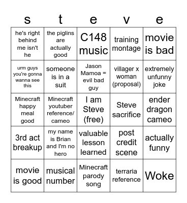 Minecraft movie bingo Card