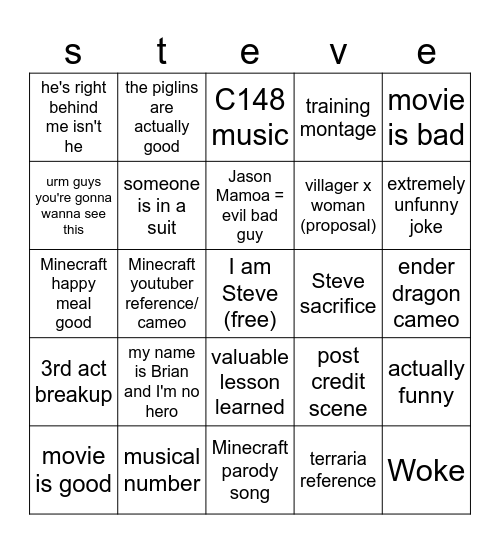 Minecraft movie bingo Card