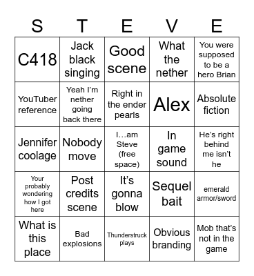Minecraft movie Bingo Card