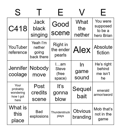 Minecraft movie Bingo Card