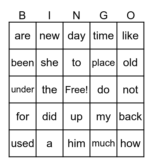 Sight Word Bingo Card
