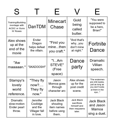 Minecraft Movie bingo Card