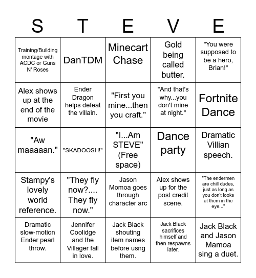 Minecraft Movie bingo Card