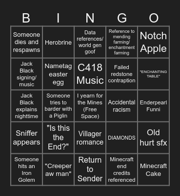 A Minecraft Movie Bingo Card