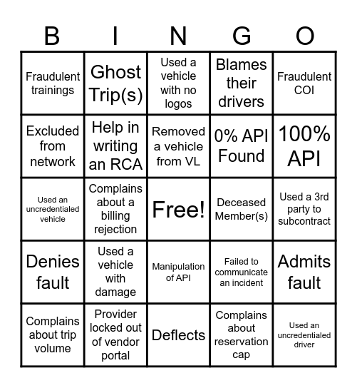 Provider BINGO Card