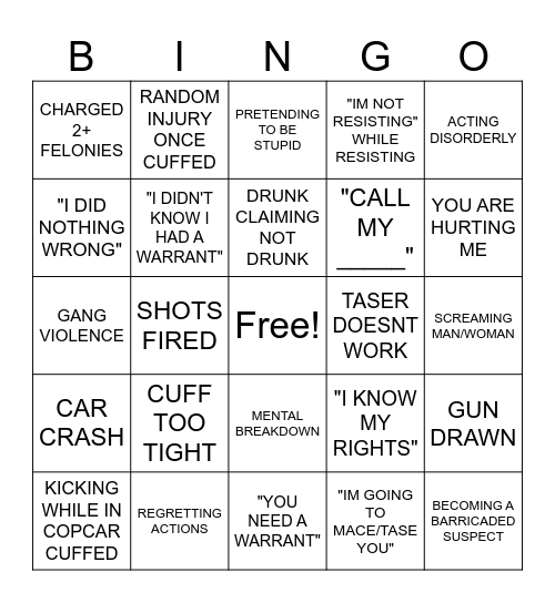 POLICE BODYCAM VIDEOS Bingo Card