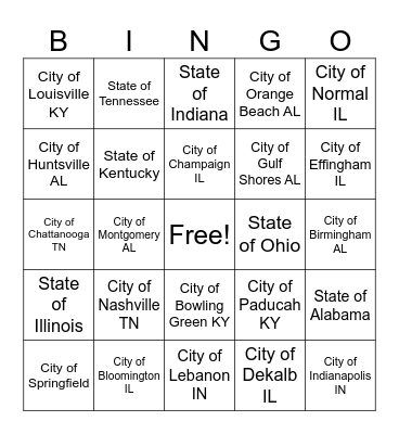 States and Cities Bingo Card