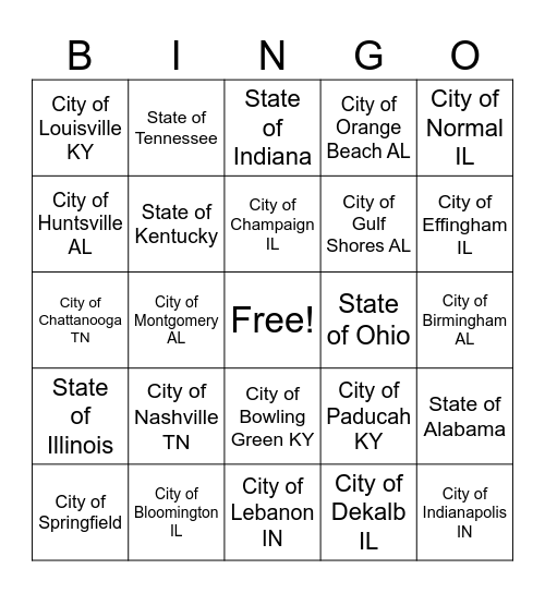 States and Cities Bingo Card