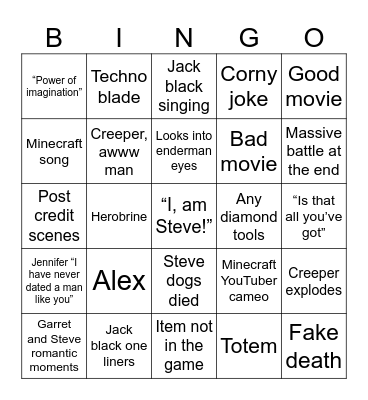 Minecraft Movie Bingo Card