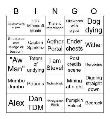 A minecraft movie bingo Card
