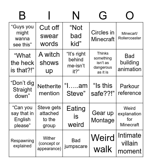 Minecraft bingo Card