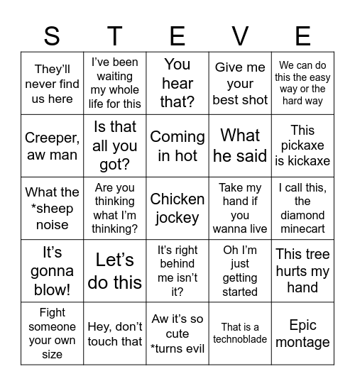 Minecraft Bingo Card