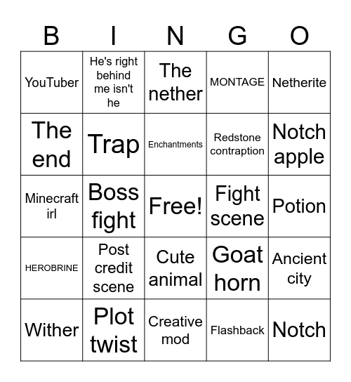 MINECRAFT MOVIE Bingo Card