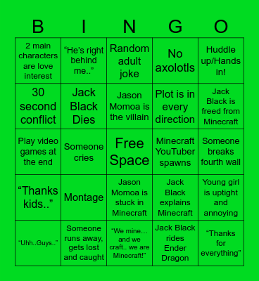 Minecraft Movie Bingo Card