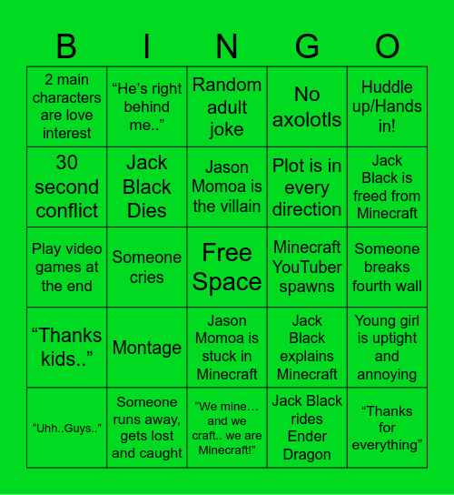 Minecraft Movie Bingo Card