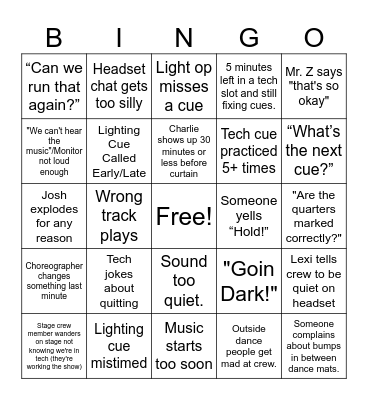 Stage Crew Dance Night Bingo Card