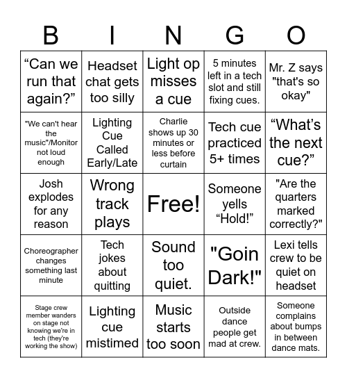 Stage Crew Dance Night Bingo Card