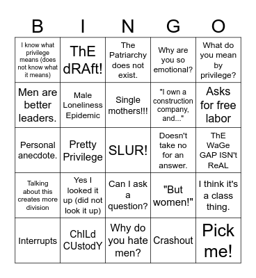 All Men Have Male Privilege Bingo Card
