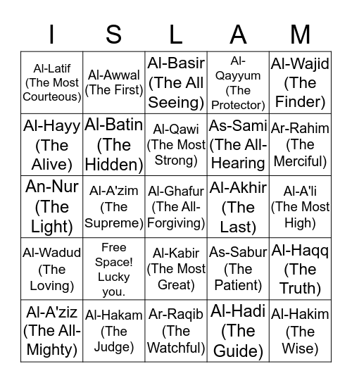 99 Names of Allah Bingo Card