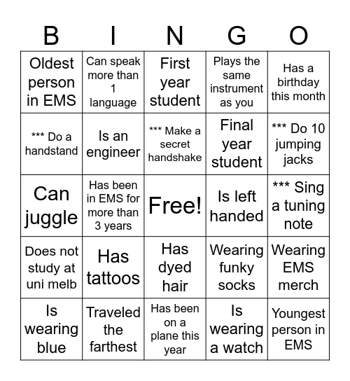 EMS band camp get to know you Bingo Card