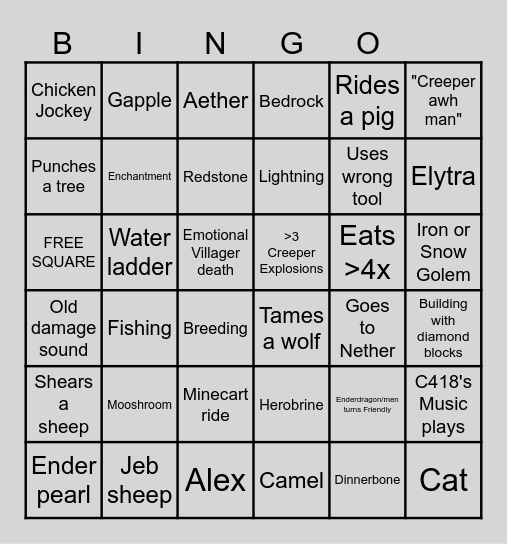 Minecraft Movie Bingo Card