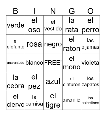 ANIMALS, CLOTHES and COLOURS Bingo Card