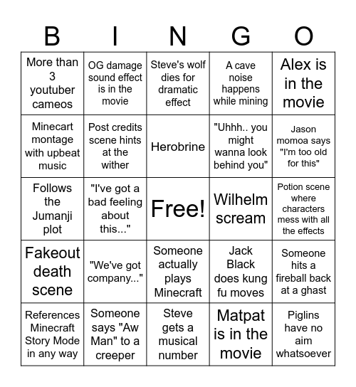 Minecraft Movie Bingo Card