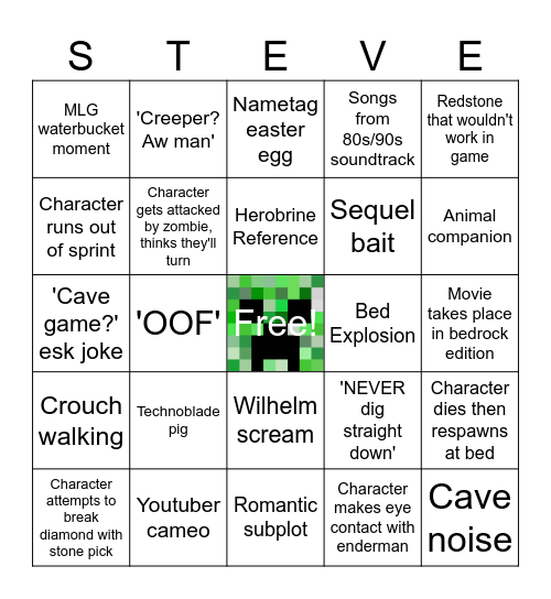 A Minecraft Movie Bingo Card