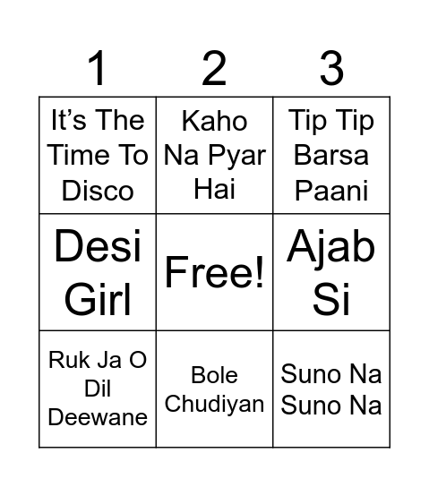 Bollywood Song Bingo Card