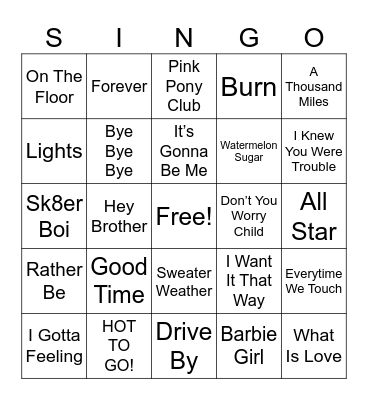 Pop Hits Bingo Card