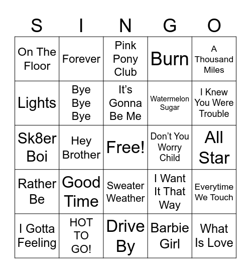 Pop Hits Bingo Card