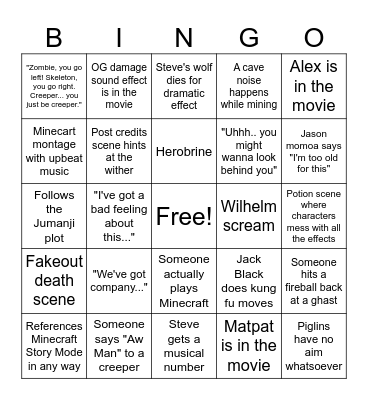 Minecraft Movie Bingo Card
