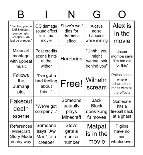 Minecraft Movie Bingo Card