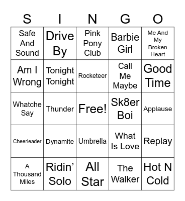 Pop Hits Bingo Card