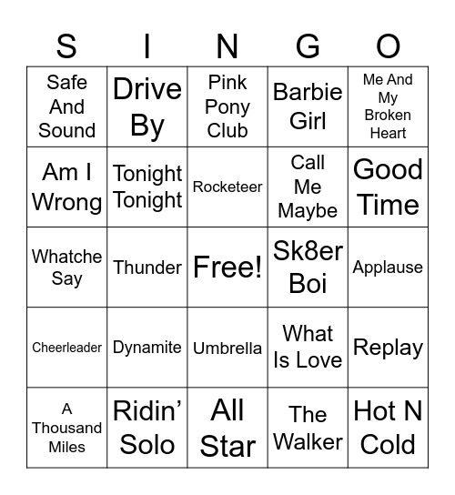 Pop Hits Bingo Card