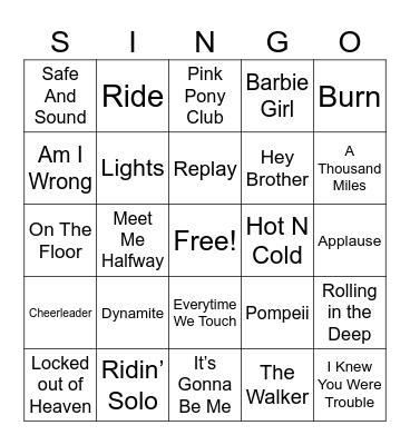 Pop Hits Bingo Card