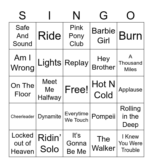 Pop Hits Bingo Card