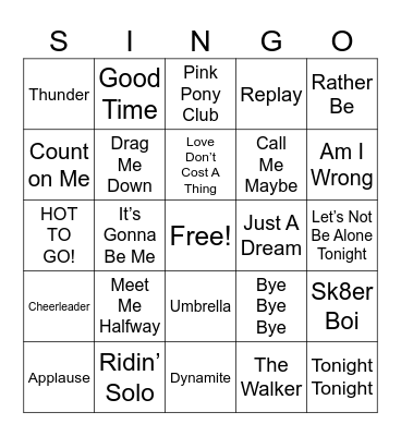 Pop Hits Bingo Card