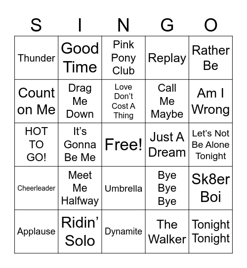 Pop Hits Bingo Card