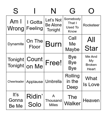 Pop Hits Bingo Card
