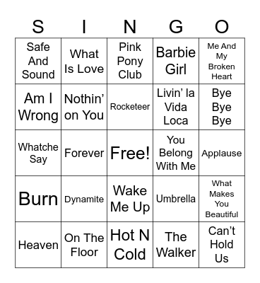 Pop Hits Bingo Card