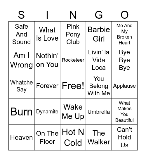 Pop Hits Bingo Card