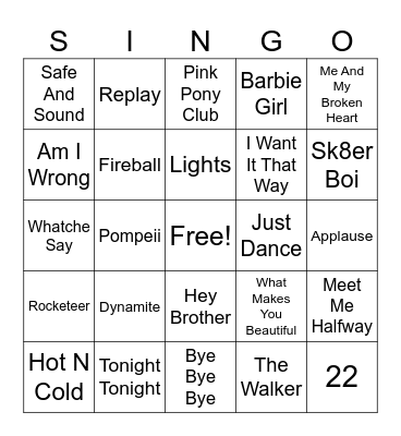 Pop Hits Bingo Card
